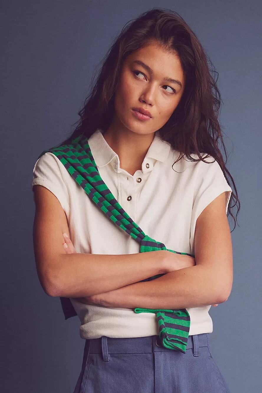 FREE PEOPLE Keep On Polo Y2K top Shirt Women's Size M Ivory A011109